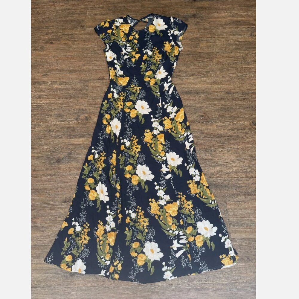 Reformation Navy and Yellow Floral Midi Dress